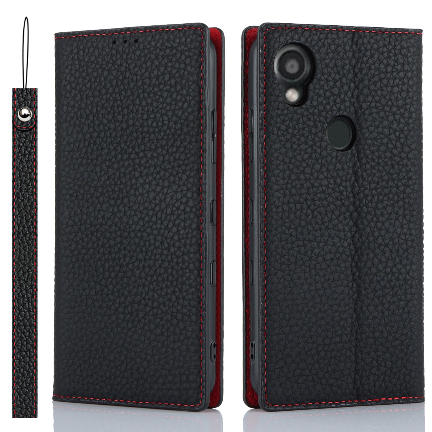 Wallet Cover for Kyocera Digno SX3 KYG02 Litchi Texture Genuine Cow Leather Phone Stand Case with Strap - Black Wallet Cover for Kyocera Digno SX3 KYG02 Litchi Texture Genuine Cow Leather Phone Stand Case with Strap - Black